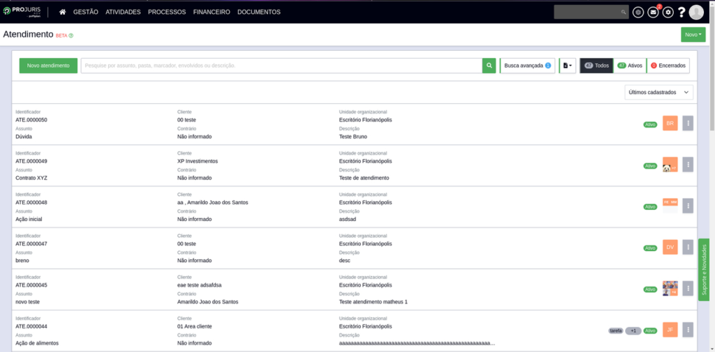 Listagem de atendimento ao cliente com Projuris ADV