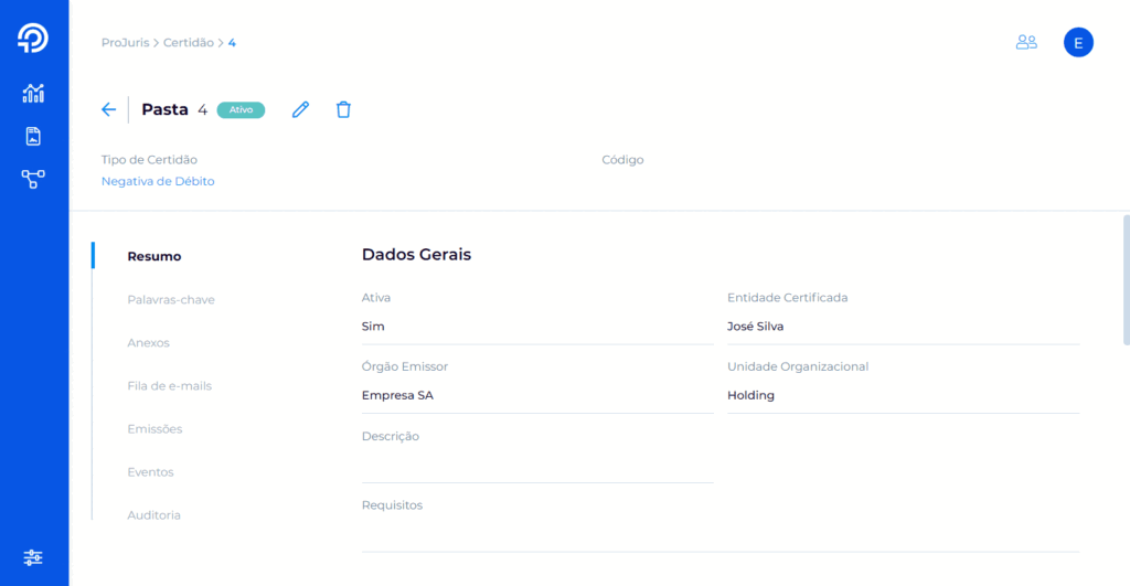 exemplo de controle de certidões renovadas ou emitidas, em um software