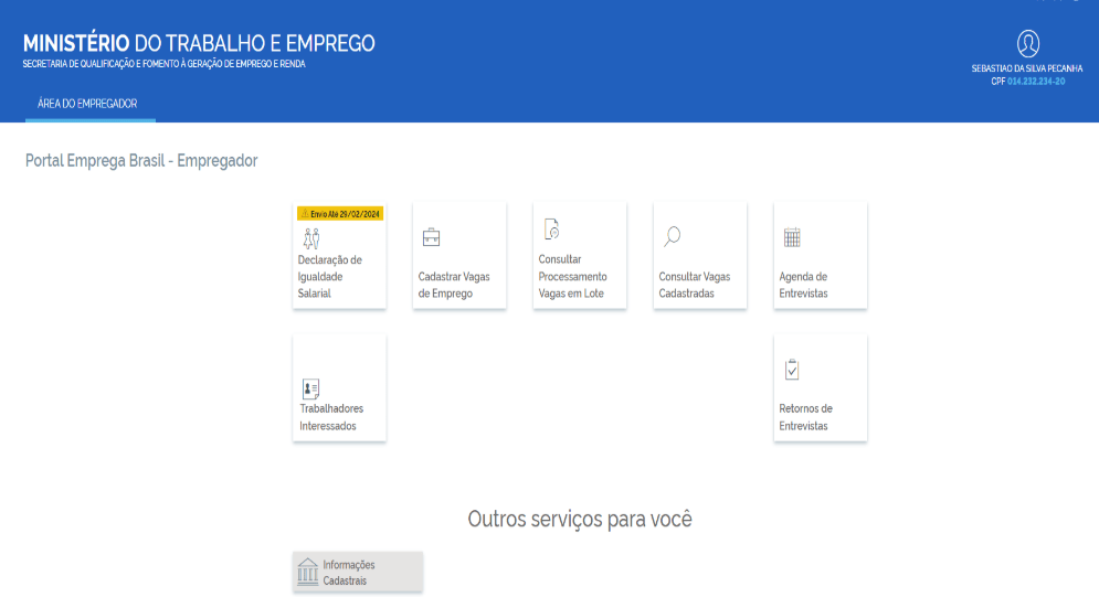tela para declaração das infmações do relatorio de transparencia salarial