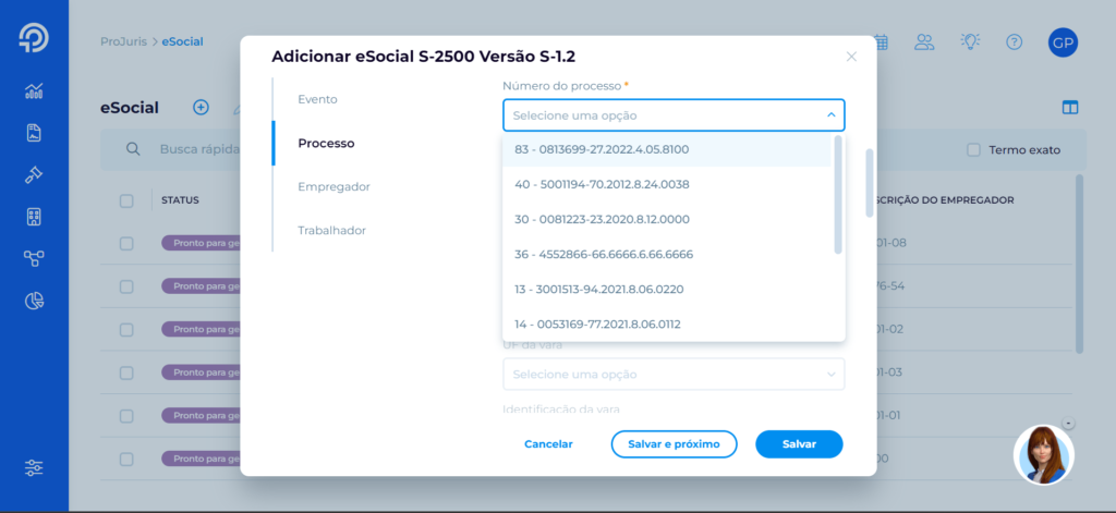 vinculando seus processos trabalhistas ao esocial, no Projuris, para gerar esocial