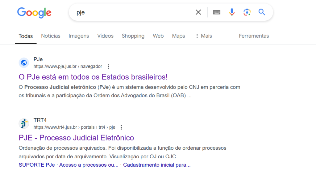 Print de tela mostrando como localizar o PJe