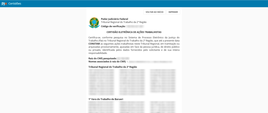 Imagem mostrando números de processos trabalhistas